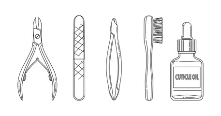 Manicure essentials: cuticle clippers, file, tweezers, brush, oil bottle