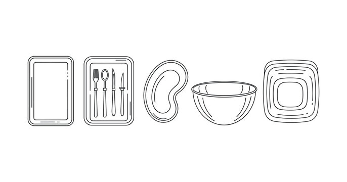 Outline of rectangular and curved kitchenware set with cutlery on white background