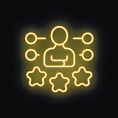 Neon light style icon of a businessman managing tasks with a star ranking system, representing performance and efficiency