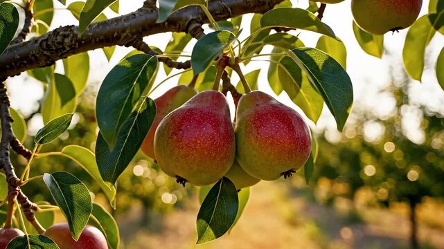 Ripe Pears Hanging on a Tree Branch Bathed in Golden Sunlight.