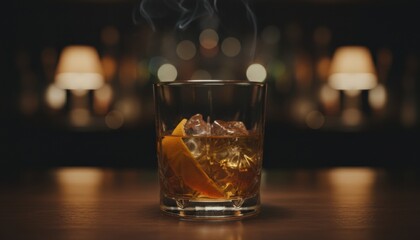 warm bar ambiance showing classic whiskey cocktail with orange peel symbolizing relaxation and autumn evening mood in urban setting