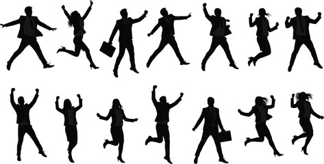 Business people silhouettes, jumping success poses, corporate celebration, teamwork achievement, career growth, motivation, leadership energy, professional enthusiasm