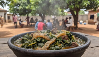 Leafy green stew with beef and local herb in West Africa courtyard during midday communal meal symbolizing heritage and unity