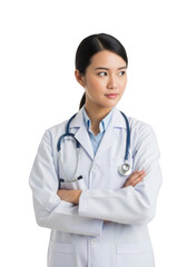 Fototapeta premium Young asian female medical professional wearing a white lab coat and stethoscope with arms crossed isolated on transparent background