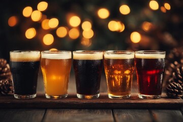 Beer tasting event showcasing five different styles of craft beer on a rustic wooden table near festive lights