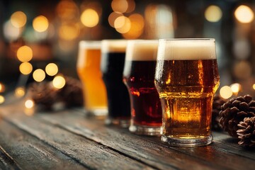 Different types of craft beer displayed on a rustic wooden table with warm bokeh lights in the background
