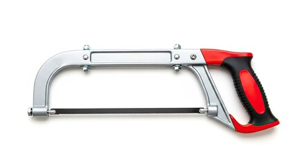 Red and black handled hacksaw with a silver frame.