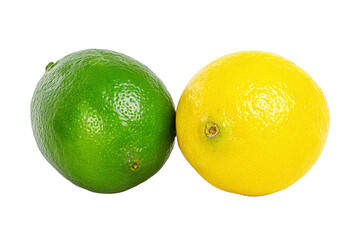 Lime and lemon isolated on transparent background, close up view