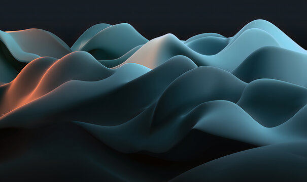 Abstract undulating waves in teal and blue-grey with subtle warm highlights creating a serene and dynamic texture.