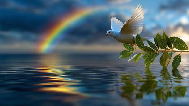 Covenant rainbow spanning calm waters, dove returning with olive leaf, promise and peace, with copy space