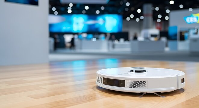 White robot vacuum cleaner displayed on a wooden floor at a global CES tech expo for home automation concept and innovation