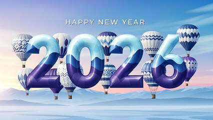 Happy new year greeting with hot air balloons and the year twenty twenty six in the sky above mountains silhouette