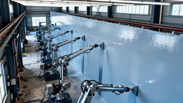 Collaborative painting robots applying coats on expansive industrial walls demonstrating efficiency in continuous repetitive painting sequences indoors.
