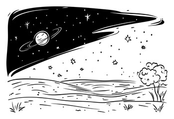 Ringed Planet and Glittering Starfield above Alien Landscape – Monochrome Line Art Vector Space Scene Illustration © Luka