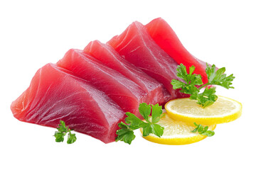 Fresh tuna sashimi slices isolated on transparent background, garnished
