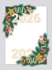 Festive New Year 2026 decorative frame with pine branches, ribbons, stars, candy elements and gingerbread ornaments placed around the white central space