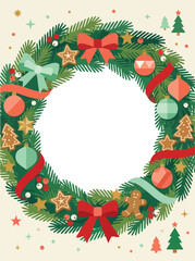 A festive Christmas wreath decorated with bows, ornaments, cookies, stars, and evergreen branches forming a bright circular frame with an empty center