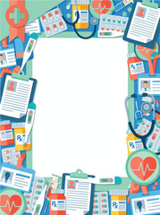A vibrant medical-themed frame filled with healthcare tools, documents, prescriptions, stethoscopes, and diagnostic items surrounding a clean white central space