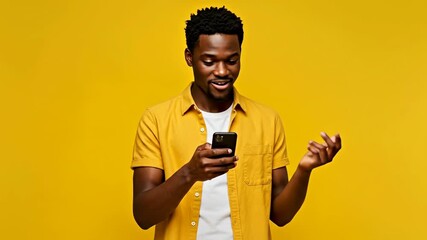 Young black man smiling while using smartphone against yellow background   - Powered by Adobe