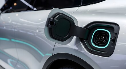 Close up of an electric vehicle charging port with illuminated teal ring on a modern car, showcasing future mobility concept at a CES tech expo