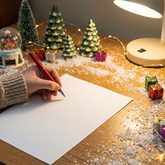 A person writes on a blank sheet surrounded by miniature Christmas trees, gifts, snow-like confetti, and warm lamp light creating a festive workspace