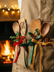 A cozy holiday kitchen scene with an apron holding festive-decorated wooden utensils in front of a warm fireplace and soft string lights