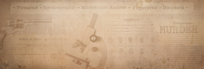 Artistic digital illustration inspired by Newspaper of crime news, police fingerprint are placed on a vintage background. Retro background on the theme of crime, police, detective, investigation.