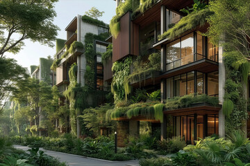 Eco-designed residential complex with green balconies and dense foliage in a sustainable urban space