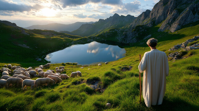 Psalm 23 meadow, shepherd with staff near still waters, green pastures, soul-rest tone, with copy space