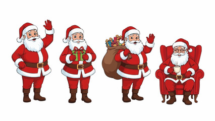 Four santa claus figures in various poses including waving holding gifts and relaxing in a chair