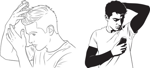 Monochromatic Graphic Illustrations of Men Applying Hair Product and Deodorant