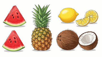 Illustration of two watermelon slices pineapple lemon and coconut with a white background image view