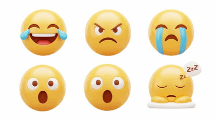 A collection of six yellow emoji faces expressing different emotions on a white background setting