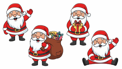 Various santa claus characters in different poses holding gifts and waving on a white background