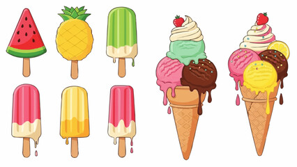 Illustration depicting an assortment of colorful ice cream treats and popsicles with various fruit flavors