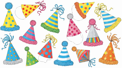 A collection of party hats in various colors and patterns arranged on a white background surface
