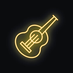 Neon yellow acoustic guitar is glowing on a black background