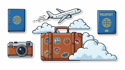 Cartoon travel scene featuring a suitcase, airplane, camera, passports, and fluffy white clouds