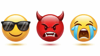 Three emojis displaying different emotions including cool devilish and crying face with tears 100