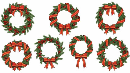 Collection of christmas wreaths adorned with red bows and berries on a white background display artfully