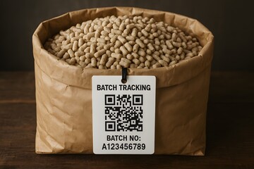 Bag of food pellets with a batch tracking tag for the concept of industry traceability.
