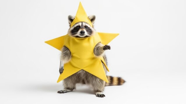 raccoon dressed in a star costume, dressed as a star, on a white background
