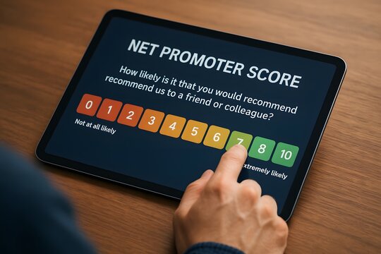 A person is touching on the screen of an tablet computer for a customer satisfaction concept.