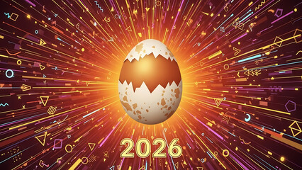 A cracked egg with a golden interior surrounded by geometric shapes and lines with the year two thousand twenty six silhouette