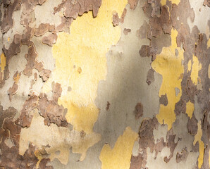 Platan, Platane, Platanus sycamore, plane tree trunk symbol. Texture made of Platan, Platane, sycamore, plane tree bark. Beautiful Platan tree trunk background. Conceptual image. Peaceful nature.