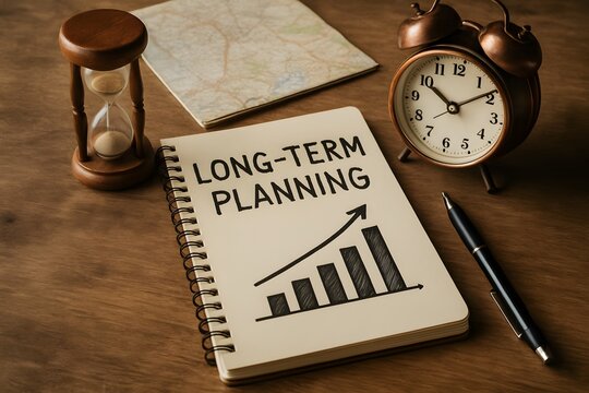 Long-Term Planning notebook and alarm clock for the concept of time management.