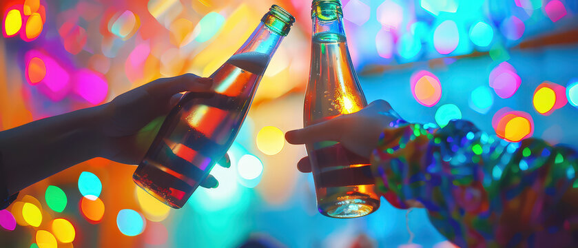 Two hands clinking beer bottles against a glowing neon background. Vibrant party atmosphere with colorful reflections, drinks, celebration mood and modern creative lighting.