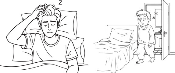 Stylized Line Art of a Tired Person in Bed and Waking Up