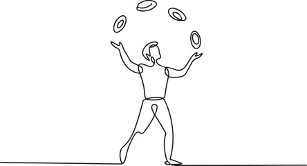 Continuous one line drawing circus artist. Circus. The juggler juggles. Circus performance. One continuous line isolated minimal illustration. one line Icon drawing