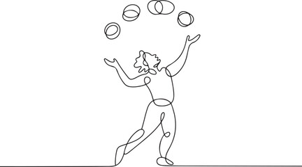 Continuous one line drawing circus artist. Circus. The juggler juggles. Circus performance. One continuous line isolated minimal illustration. one line Icon drawing